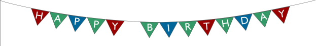 Geburtstagsbanner mit roten, grünen und blauen dreieckigen Fahnen, die "Happy Birthday" in weißer Schrift auf einem weißen Hintergrund anzeigen.