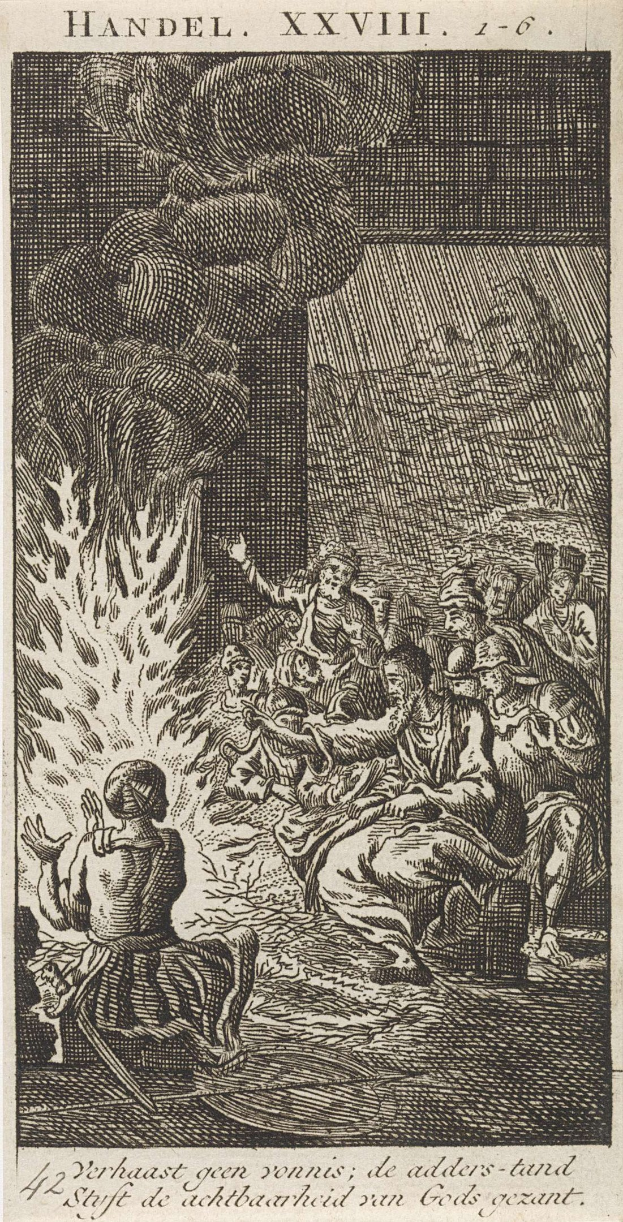 Schwarze und weiße Gravur einer Gruppe von Menschen, die sich um ein helles Feuer versammelt haben, einige schauen ängstlich nach oben und andere staunend nach unten, mit Text oben und unten auf dem Papier.