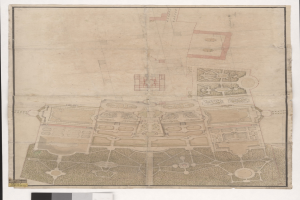 Ein detaillierter Stadtplan mit zahlreichen Gebäuden, darunter ein prägnantes zentrales Gebäude, begleitet von beschreibendem Text.