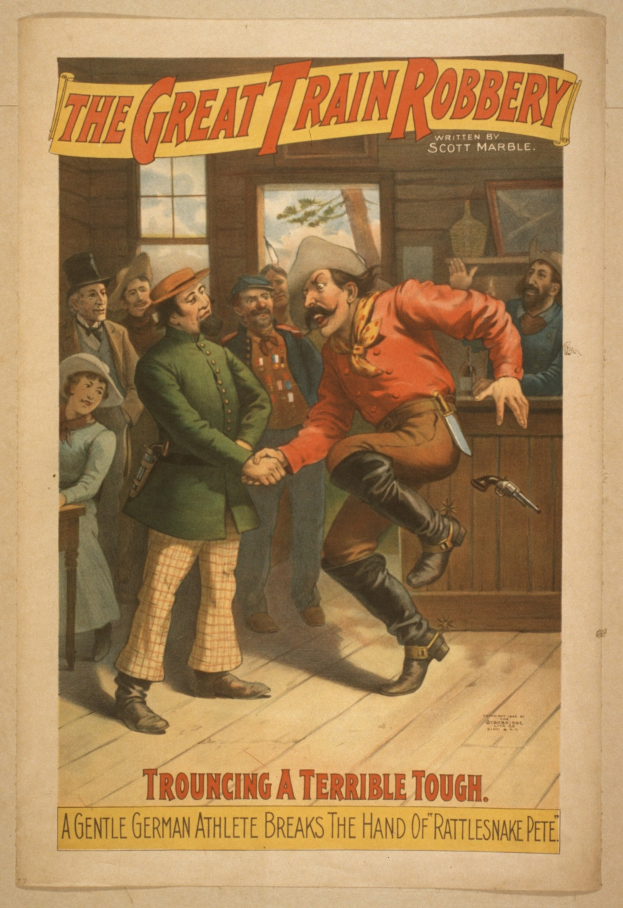 Ein Plakat für "Der große Zugraub" zeigt eine Gruppe von Menschen, von denen einer eine Waffe hält, ein Fenster, eine Wand und Text, der "Der große Zugraub - Trouching ein Schreckliches Tough" lautet.