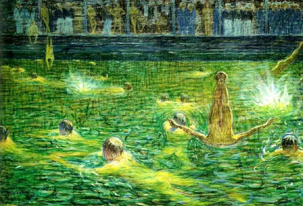 Gemälde mit dem Titel "Der Pool" von KÜNSTLER, das Menschen zeigt, die fröhlich in Wasser schwimmen, mit einem Gebäude im Hintergrund.