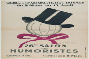 Plakat, das einen Salon mit einem Mann in einem Zylinder zeigt, mit Text, der die Dienstleistungen beschreibt.