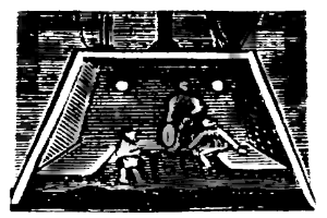 Eine Schwarz-Weiß-Zeichnung eines Fußballspiels im Gange, mit zwei Spielern in der Mitte, einem im Vordergrund und dem anderen im Hintergrund, die Fußballtrikots tragen, und ein Torpfosten in der Ecke sichtbar ist.