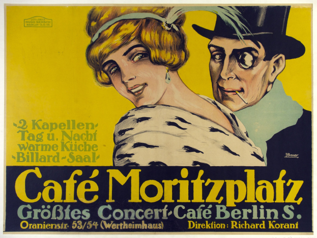 Plakat für das Café Moritzplatz in Berlin mit einem Bild von einem Mann und einer Frau und einem Text, der ein Ereignis beschreibt.