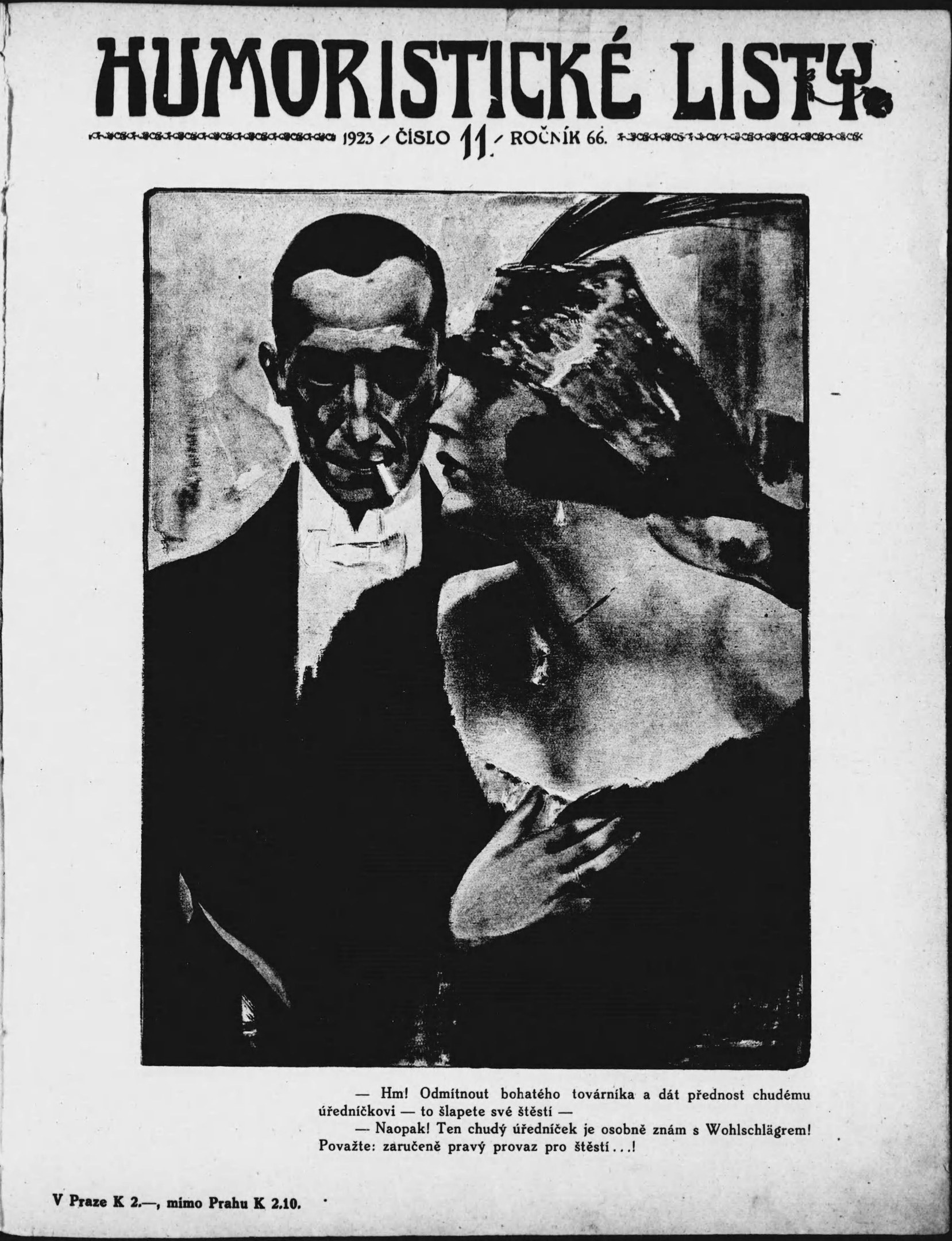 Schwarze und weiße Zeitschriftentitel 'Humoristische Liste' mit einem Mann im Anzug mit ernster Miene und einer Frau, die verschmitzt in eine andere Richtung schaut.