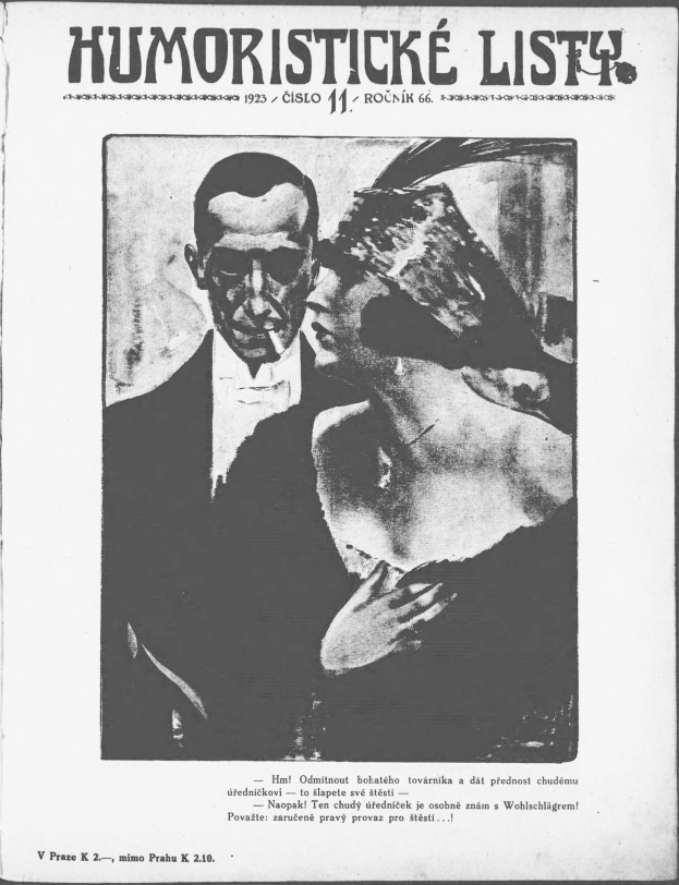 Schwarze und weiße Zeitschriftentitel 'Humoristische Liste' mit einem Mann im Anzug mit ernster Miene und einer Frau, die verschmitzt in eine andere Richtung schaut.