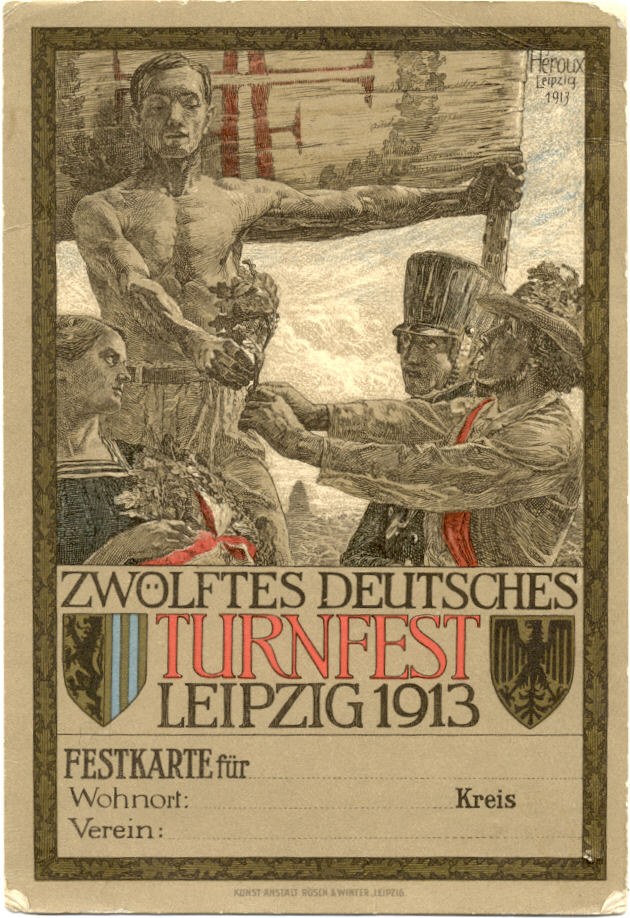 Plakat für das Zwölfte Deutsche Turnfest Leipzig 1913 mit einer Gruppe von Menschen in der Mitte und Text mit Veranstaltungseinzelheiten.