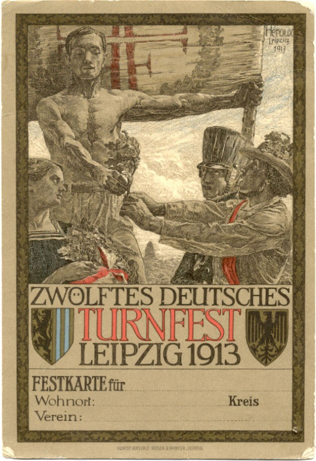 Plakat für das Zwölfte Deutsche Turnfest Leipzig 1913 mit einer Gruppe von Menschen in der Mitte und Text mit Veranstaltungseinzelheiten.