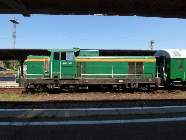 Ein grüner Diesel-Elektrolokomotive auf Eisenbahnschienen unter einer Brücke, umgeben von Steinen, Gras, einem Weg, Bäumen, Strommasten mit Drähten, einem Turm, Fahrzeugen und einem bewölkten Himmel.