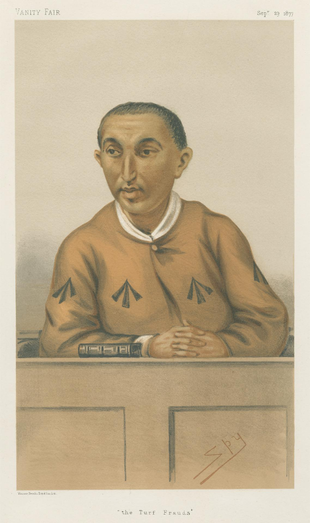 Ein Mann in weißem Hemd und dunkler Hose sitzt an einem Tisch und schaut ernst, mit dem Text "Die Turf-Betrügereien" unten.