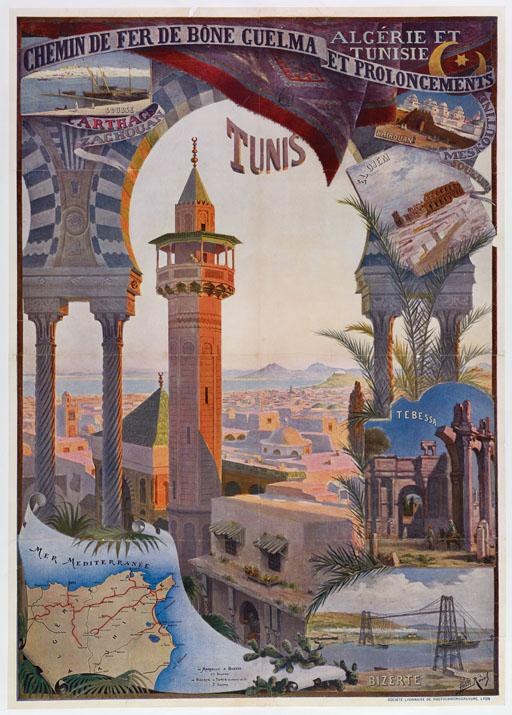 Vintage-Reiseplakat von Tunesien mit einer Stadtkarte, einem Turm, Gebäuden, Bäumen, Wasser, einer Brücke und Text auf einem weißen Hintergrund.