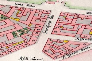 Ein detailliertes altes Stadtplan von Kill Torvet, Deutschland, der Straßen, Gebäude und Sehenswürdigkeiten zeigt, mit Text oben und unten.