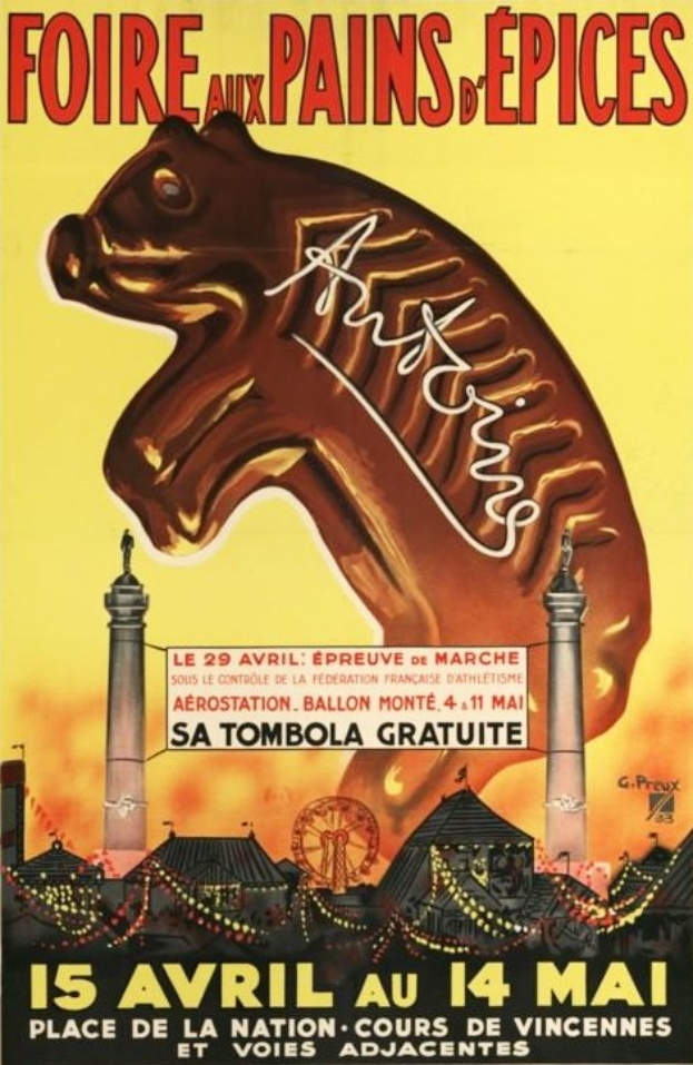 Plakat für eine Pariser Zirkusvorstellung mit einem Pferd, zwei Türmen, einem Riesenrad und der Aufschrift 'Faire aux Pains de Epices' oben drauf.