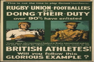 Plakat mit zwei Rugbyspielern in Uniform mit Text über britische Athleten, die ihren Dienst antreten.