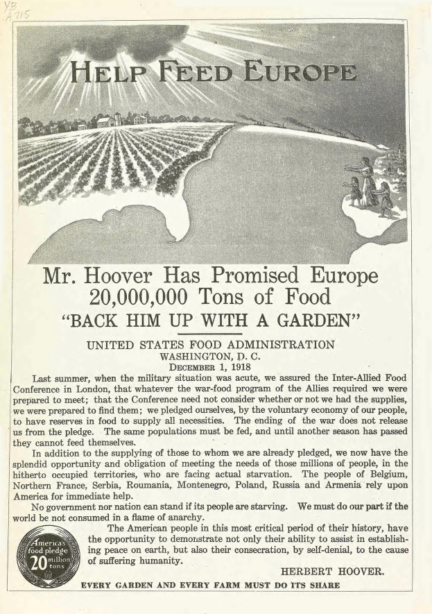 Plakatwerbung für die Kampagne von Mr. Hoover zur Unterstützung der Ernährung in Europa, mit Text und Abbildung.