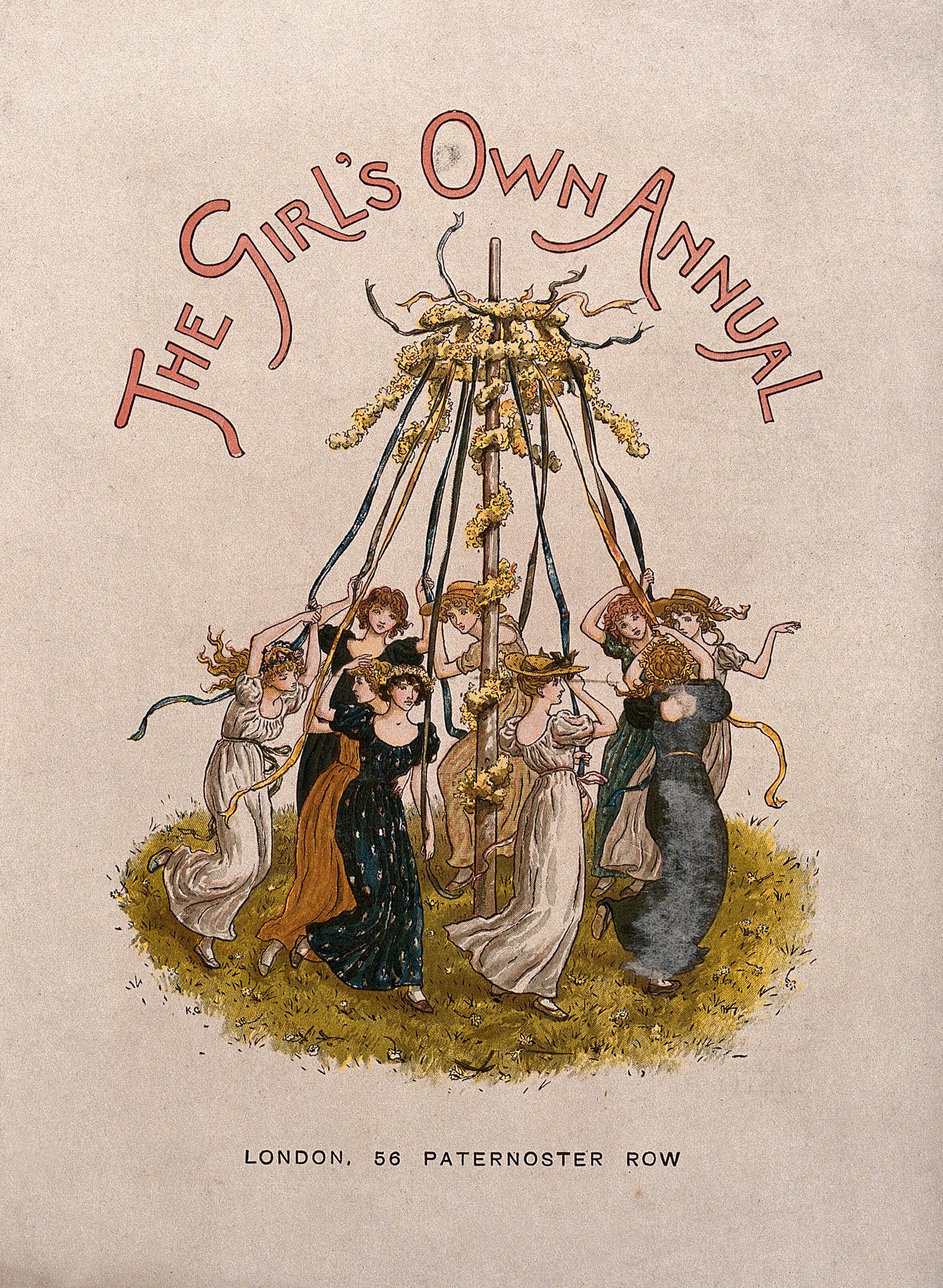 Eine Schwarz-Weiß-Illustration aus "The Girl's Own Annual", die Kinder in bunten Kleidern beim Tanzen um einen geschmückten Maibaum zeigt.