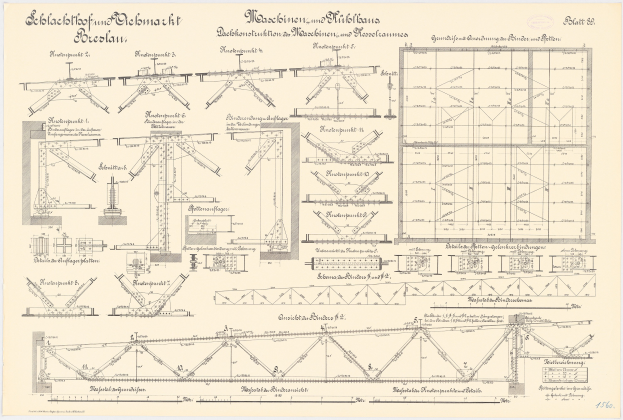 Ein detaillierter Blaupause-Entwurf einer Eisenbahnbrücke, der strukturelle Komponenten wie Trägern und Balken mit begleitenden Textanmerkungen zeigt.