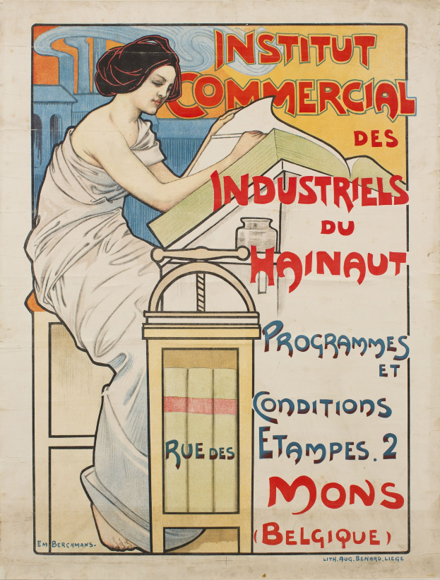 Plakat für das Institut Commercial des Industriels du Hainaut mit einer Frau an einem Tisch sitzend, die ein Buch hält, sowie Text mit Institutsdetails.