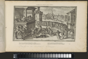 Ein aufgeschlagenes Buch mit einer Zeichnung einer belebten Stadtlandschaft mit Gebäuden, Säulen und Himmel, mit Text am unteren Rand der Seite.