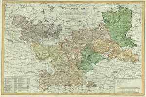 Ein altes Deutschland-Karte mit Westfalen hervorgehoben, gerahmt und mit beschreibendem Text.