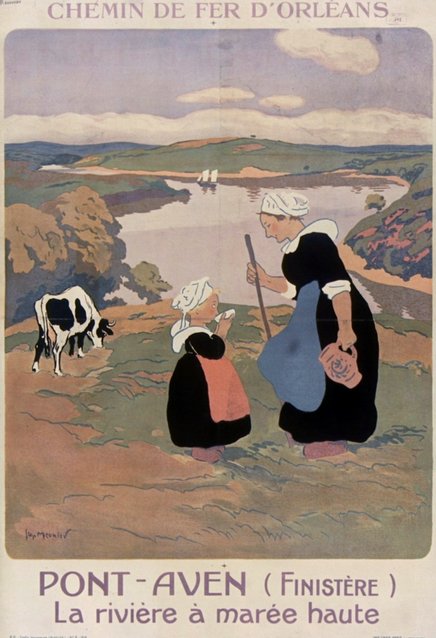 Ein Plakat, das eine Farm in Frankreich bewirbt und zwei Frauen und eine Kuh zeigt, mit Text, der die Szene beschreibt.