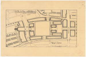 Ein altes Stadtplan von Köln, Deutschland, mit einem detaillierten Gebäudeplan und begleitendem Text.