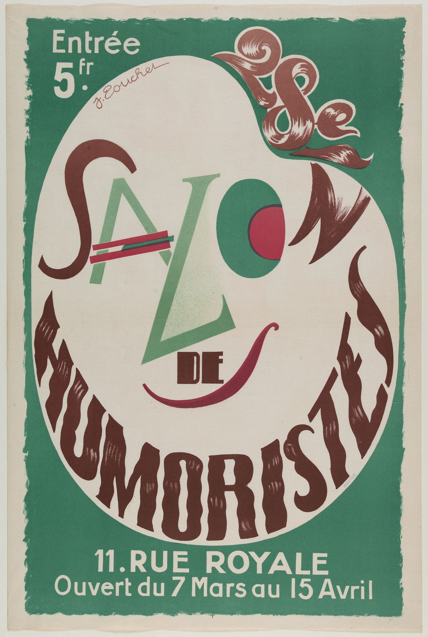 Plakat, das ein Humoristensalon in Paris, Frankreich, bewirbt, mit Text, der seine Angebote beschreibt.