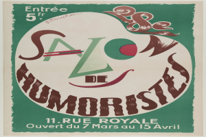 Plakat, das ein Humoristensalon in Paris, Frankreich, bewirbt, mit Text, der seine Angebote beschreibt.