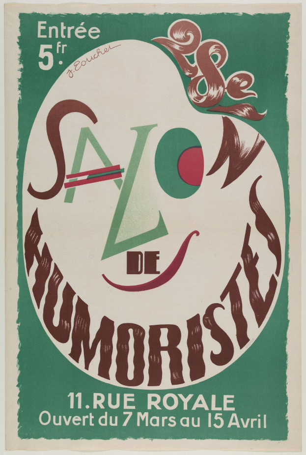 Plakat, das ein Humoristensalon in Paris, Frankreich, bewirbt, mit Text, der seine Angebote beschreibt.