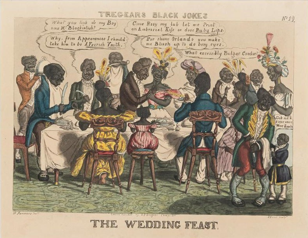 Eine Gruppe von Menschen in traditioneller afrikanischer Kleidung sitzt um einen Tisch bei einem Hochzeitsfest, mit Tellern, Gläsern und beschriebenem Papier auf dem Tisch.