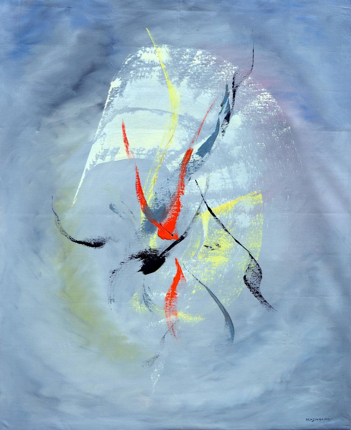 Abstrakte Malerei mit blauem Hintergrund, roter und gelber Betonung, erstellt mit Acryl auf Leinwand in grauen Tönen.
