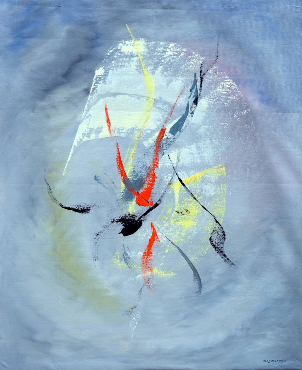 Abstrakte Malerei mit blauem Hintergrund, roter und gelber Betonung, erstellt mit Acryl auf Leinwand in grauen Tönen.