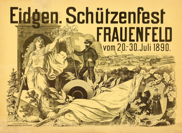 Plakat zum Eidgen Schützenfest in Frauenfeld, Deutschland, mit einem Mann im Anzug und einer Frau im Kleid nebeneinanderstehend und Text mit Ereignisinformationen.