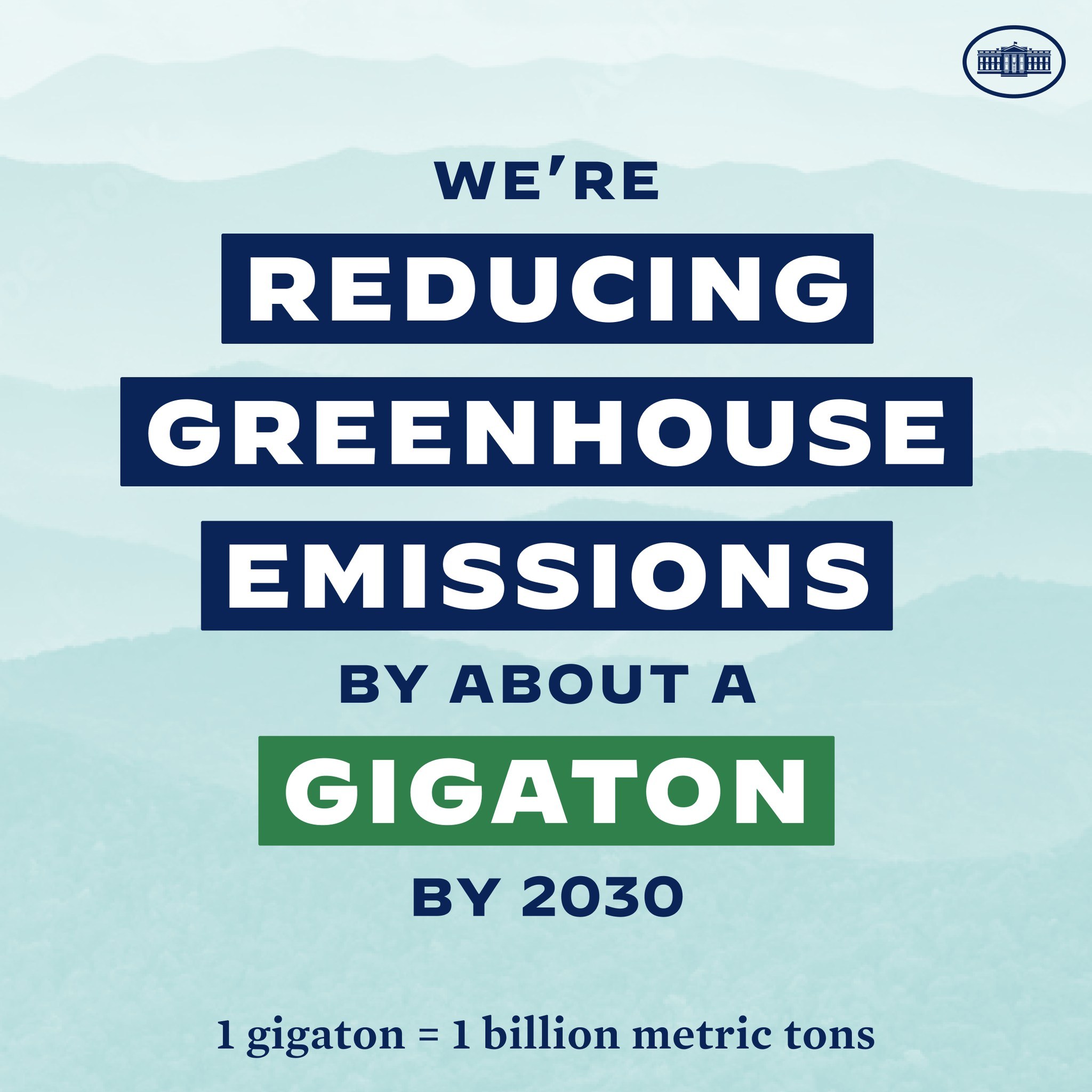 Plakat mit Text und Logo, das "Wir reduzieren die Treibhausgasemissionen um etwa eine Gigatonne bis 2030" verkündet und für eine signifikante Reduzierung der Treibhausgasemissionen bis 2030 eintritt.