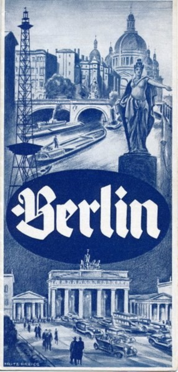 Plakat, das Berlin, Deutschland, mit einer Statue, Geb├Ąuden, einem Turm, Menschen, Fahrzeugen auf der Stra├če und einer Brücke zeigt.