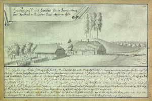 Ein altes Dokument, das einen Hof in einem Feld umgeben von Häusern, Bäumen und einem Himmel zeigt, mit der Beschriftung "Surgensburg, Deutschland - Landschaft eines Hofs".