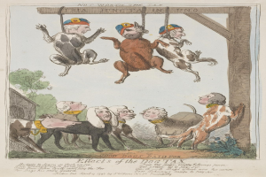 Ein Papier mit einer Zeichnung von Menschen und Tieren, darunter ein Hund, der an einem Holzpfahl hängt, mit sichtbarem Text, der likely mit einer Hundegebühr zu tun hat.