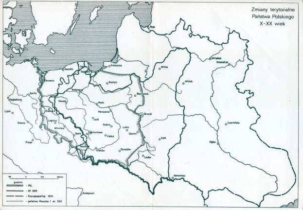 Ein Plakat mit einer detaillierten Karte von Polen und dem Umfang des Polnischen Reiches, versehen mit Text und Zahlen.