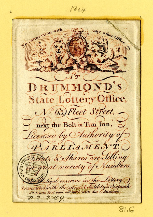 Ein vergilbtes altes Buch mit einem Stempel auf seinem Cover, der den Text 'Drummond's State Lottery Office' zeigt.