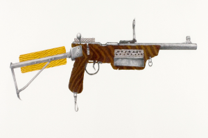 Eine Waffe wird vor einem einfarbigen Hintergrund gezeigt.