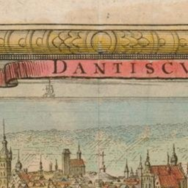 Altes Buch mit einer Handzeichnung einer Stadtansicht und einer Fahne mit beschreibendem Text.