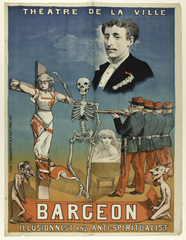 Plakat für das Théâtre de la Ville in Paris mit einem Skelett mit ausgebreiteten Armen unter verängstigten Menschen, mit der Aufschrift "Bargeon Illusionist und Anti-Spiritualist".