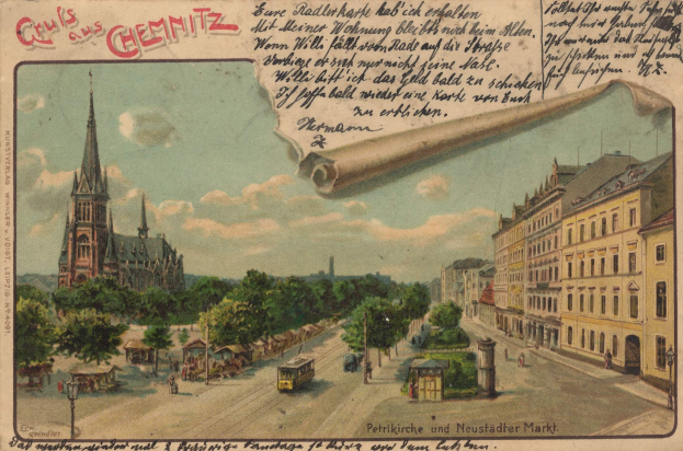 Alte Postkarte, die eine deutsche Stadtstraße mit Gebäuden, Bäumen, Fahrzeugen, Fußgängern, Strommasten und einem bewölkten Himmel zeigt, mit handgeschriebener Text auf der Vorderseite.