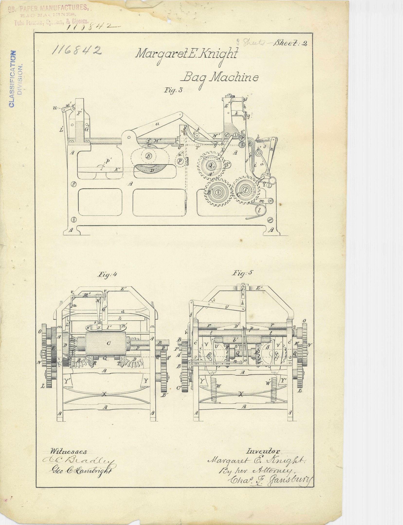 Detailierte Linienzeichnung einer Bag-Maschine auf Papier, einschließlich beschrifteter Komponenten wie Griff und Räder, mit begleitendem beschreibendem Text.