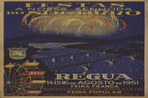 Plakat für ein Festival in Brasilien, das eine Brücke, Wasser, Hügel und Feuerwerk zeigt, mit Textinformationen zum Festival.