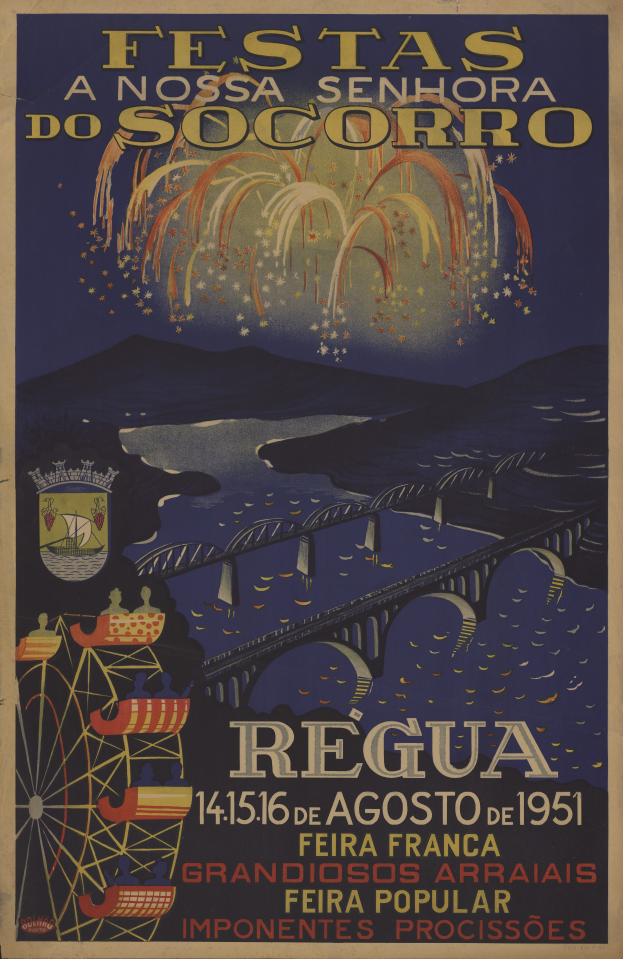 Plakat für ein Festival in Brasilien, das eine Brücke, Wasser, Hügel und Feuerwerk zeigt, mit Textinformationen zum Festival.