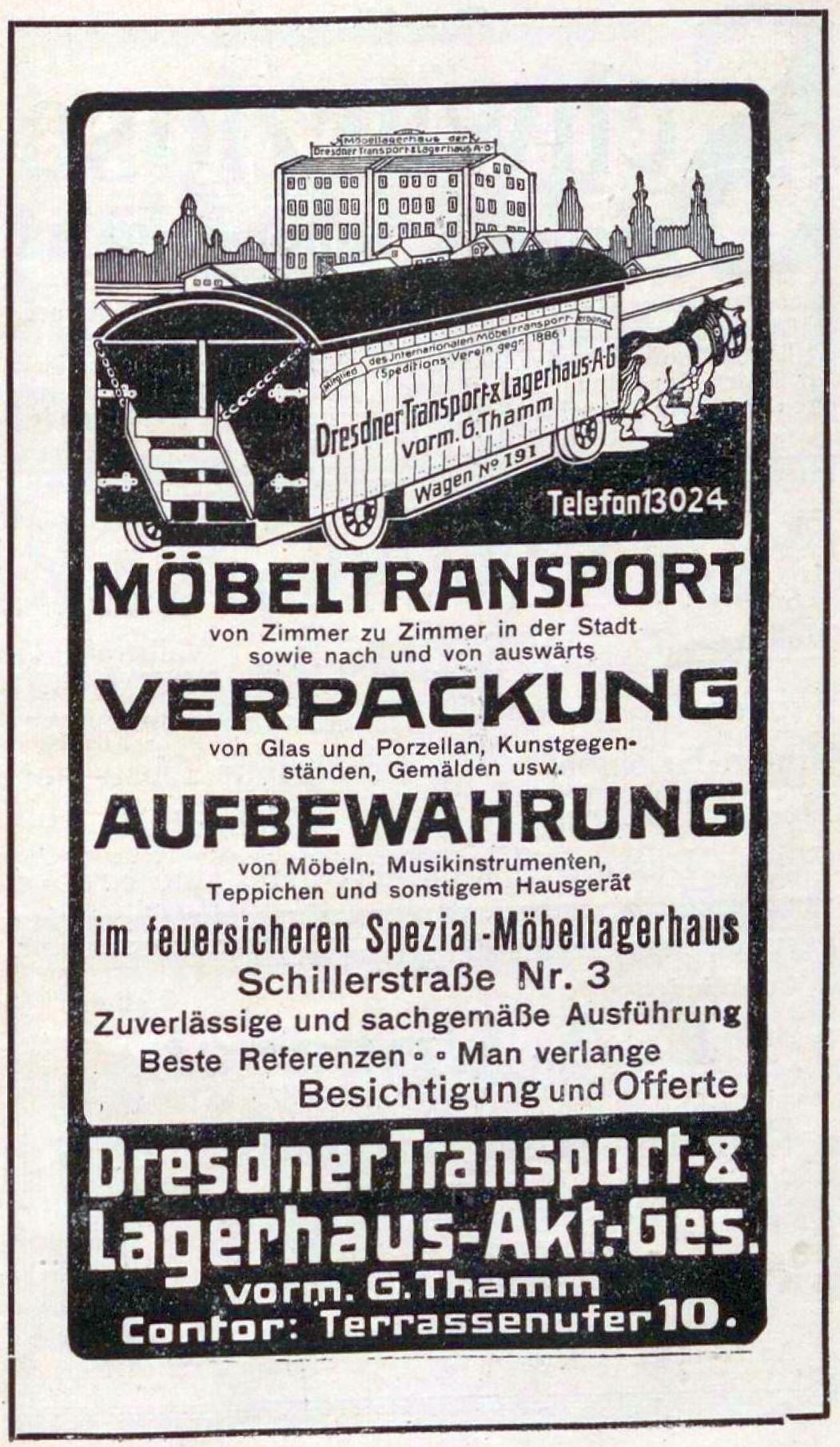 Anzeige mit einem Zug mit dem Text "Dresdner Transport & Lagerhaus-Akt-Ges" und Gebäuden im Hintergrund.