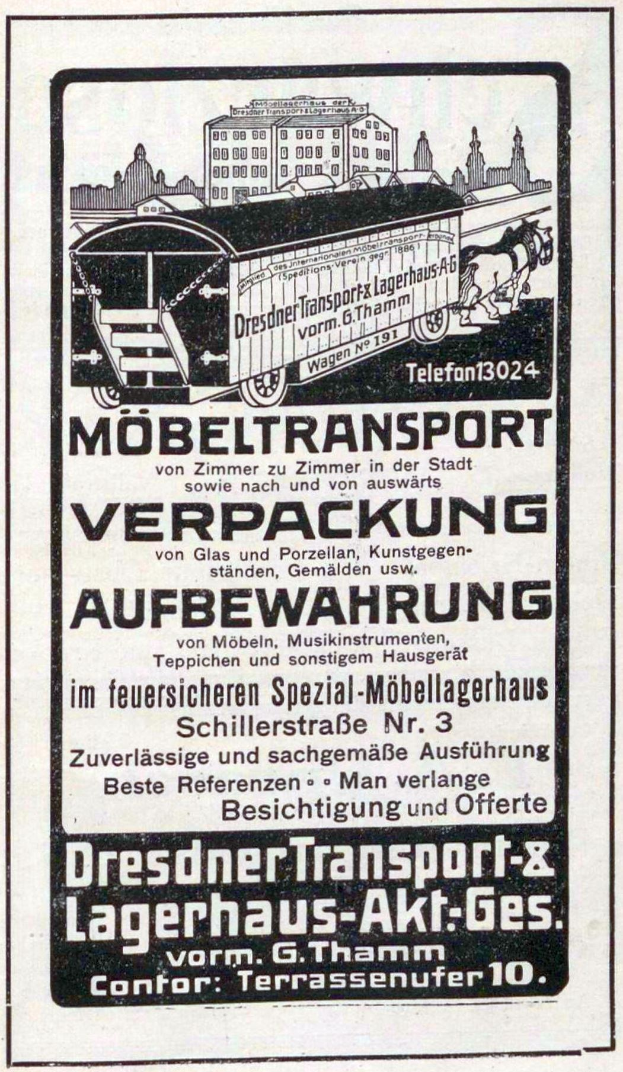 Anzeige mit einem Zug mit dem Text "Dresdner Transport & Lagerhaus-Akt-Ges" und Gebäuden im Hintergrund.