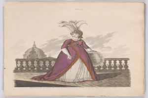 Eine Frau in einem lilaweißen Kleid mit einer Federhaube steht an einem Geländer, mit einem Gebäude und Wolken im Hintergrund, überlagert mit dem Text "Fashion of New York, New York Street, 1790."
