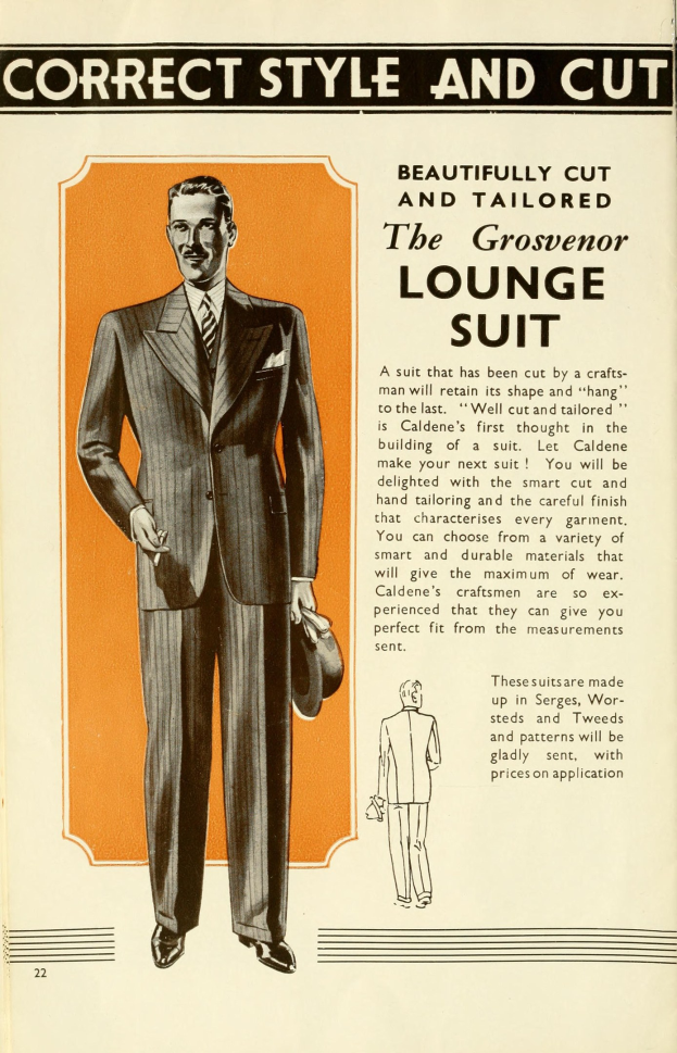 Ein Mann in einem maßgeschneiderten Anzug mit weißem Hemd, schwarzer Krawatte und Einstecktuch posiert selbstbewusst vor einer Zeitschriftwerbung mit seinem Outfit.